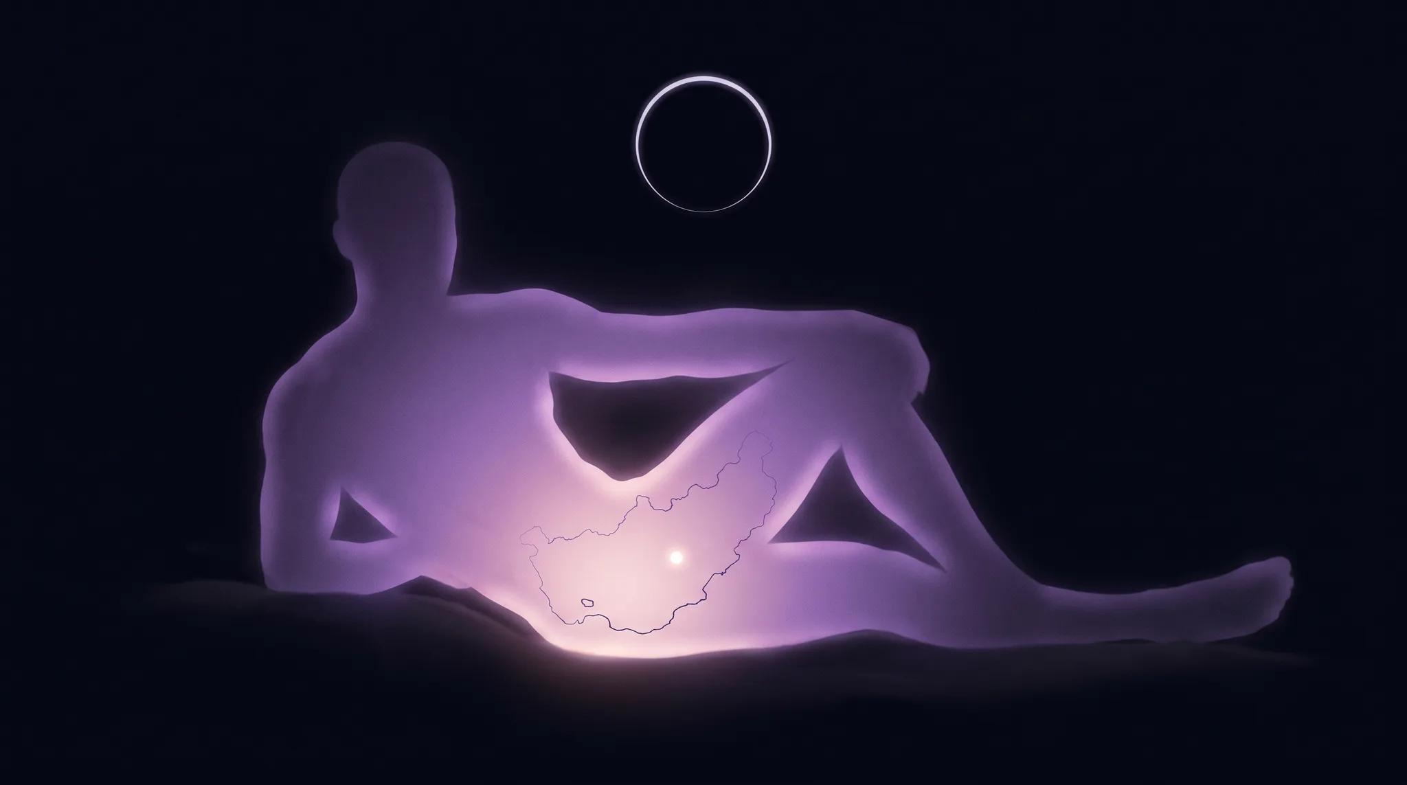 A reclining figure drawn in soft violet light on a dark ground. The pelvis glows warmest, and inside it a faint contour line traces the shape of the lower body like a coastline on a map, with one small bright point low and toward the front.