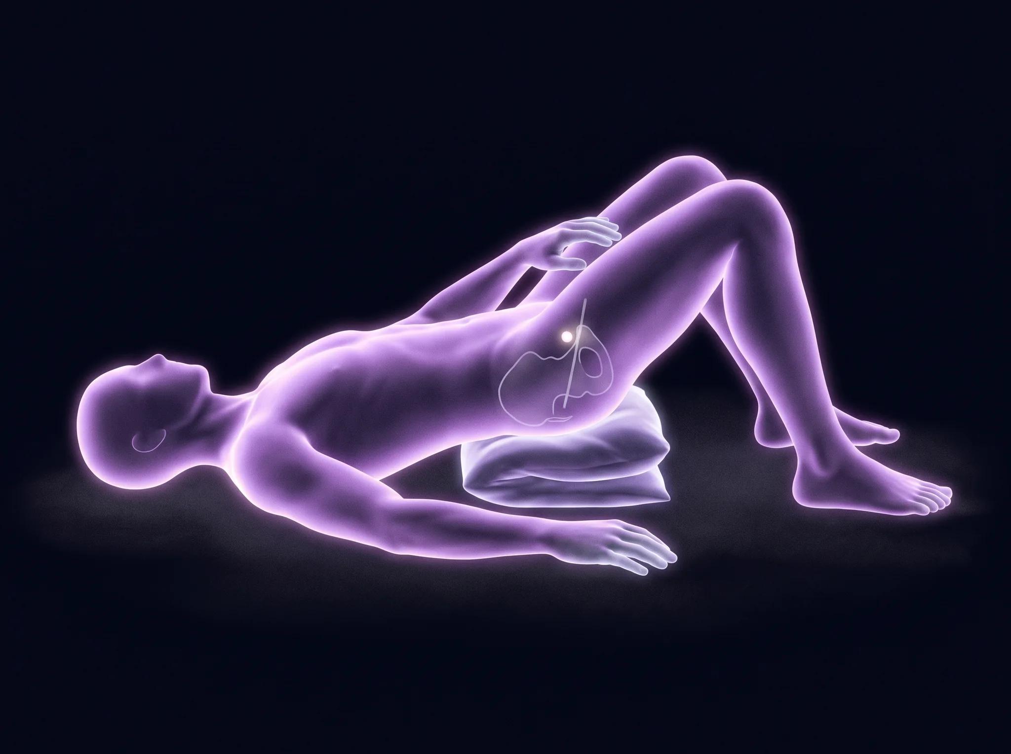 A figure of violet light lying on its back with a pillow under the hips and knees drawn up, one arm reaching down between the raised thighs. Inside the tilted pelvis, a pale contour of the pelvic hollow, a bright point of light behind the pubic bone, and a short line marking the path to it, standing almost upright.