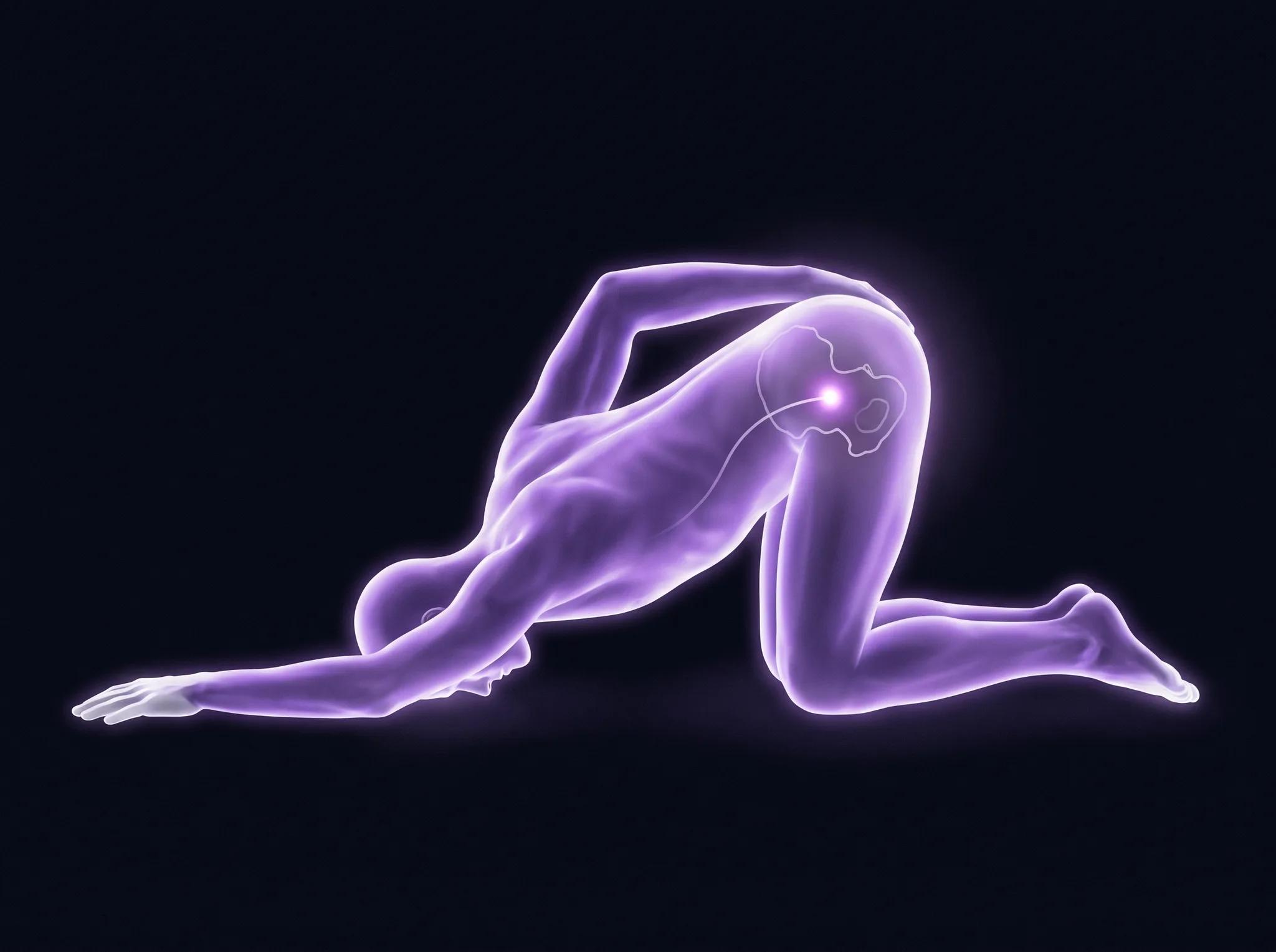 A figure of violet light kneeling with the chest lowered to the surface and the hips raised high, one arm stretched forward past the head and the other reaching back behind the raised hips. Inside the raised pelvis, a pale contour of the pelvic hollow, a bright point of light behind the pubic bone, and a short line marking the nearly straight path to it.