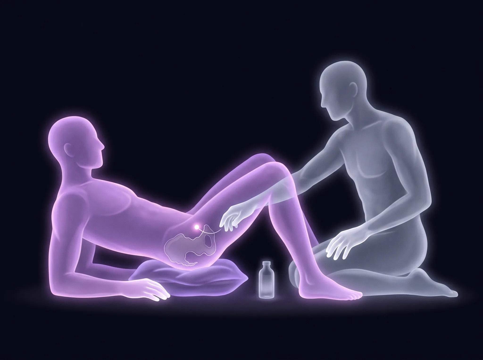 Two figures of light on a dark surface: one lying on its back in violet light with a pillow under the hips and knees drawn up, the other kneeling in cool pale grey light with one forearm reaching between the first figure's raised thighs. Inside the first figure's pelvis, a pale contour of the pelvic hollow and a bright point of light behind the pubic bone. A small bottle stands on the surface.
