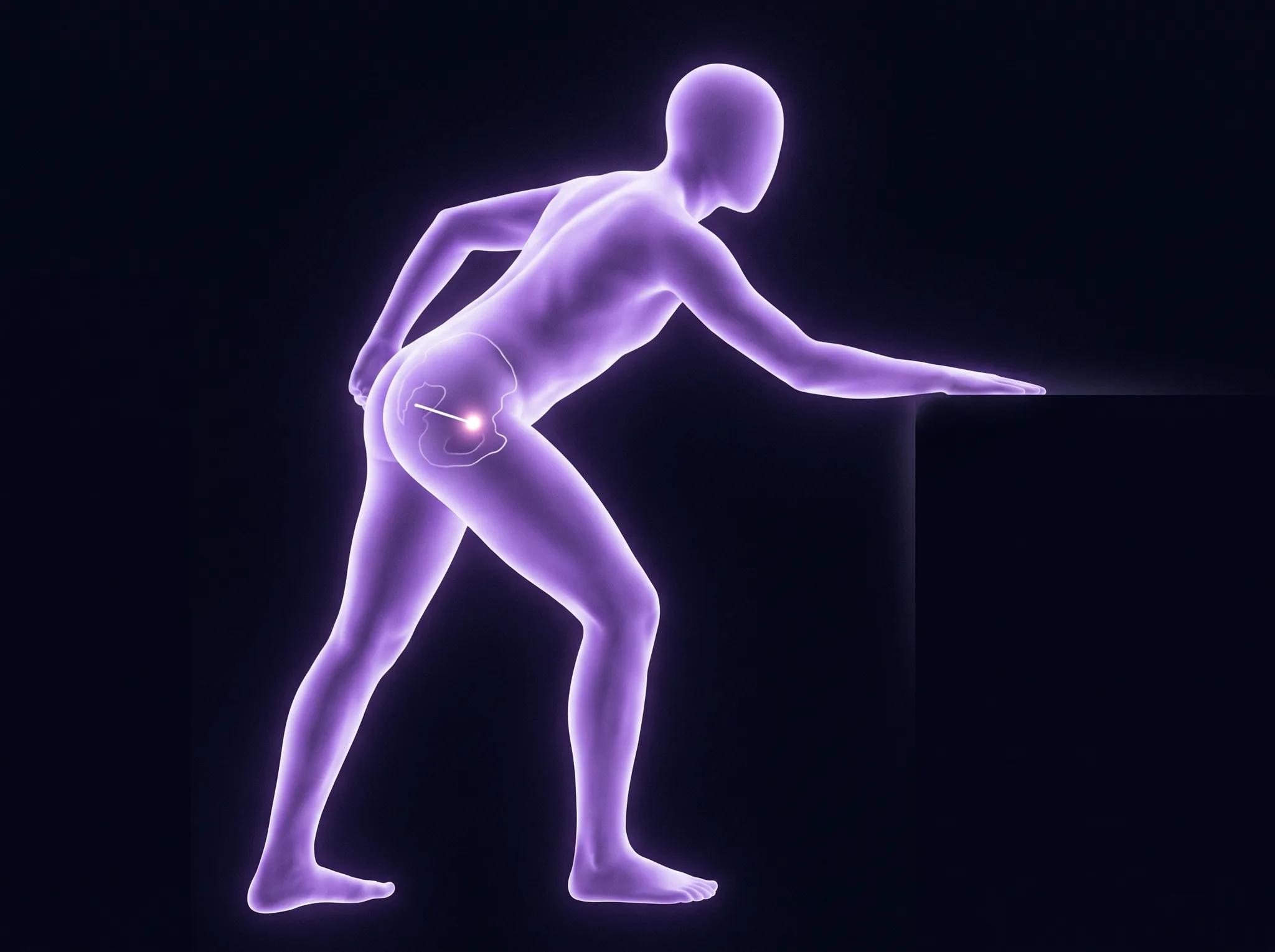A figure of violet light standing bent forward from the hips with one forearm resting on the edge of a surface and the other arm reaching back behind the hips. Inside the pelvis, a pale contour of the pelvic hollow, a bright point of light behind the pubic bone, and a short line marking the almost flat path to it.