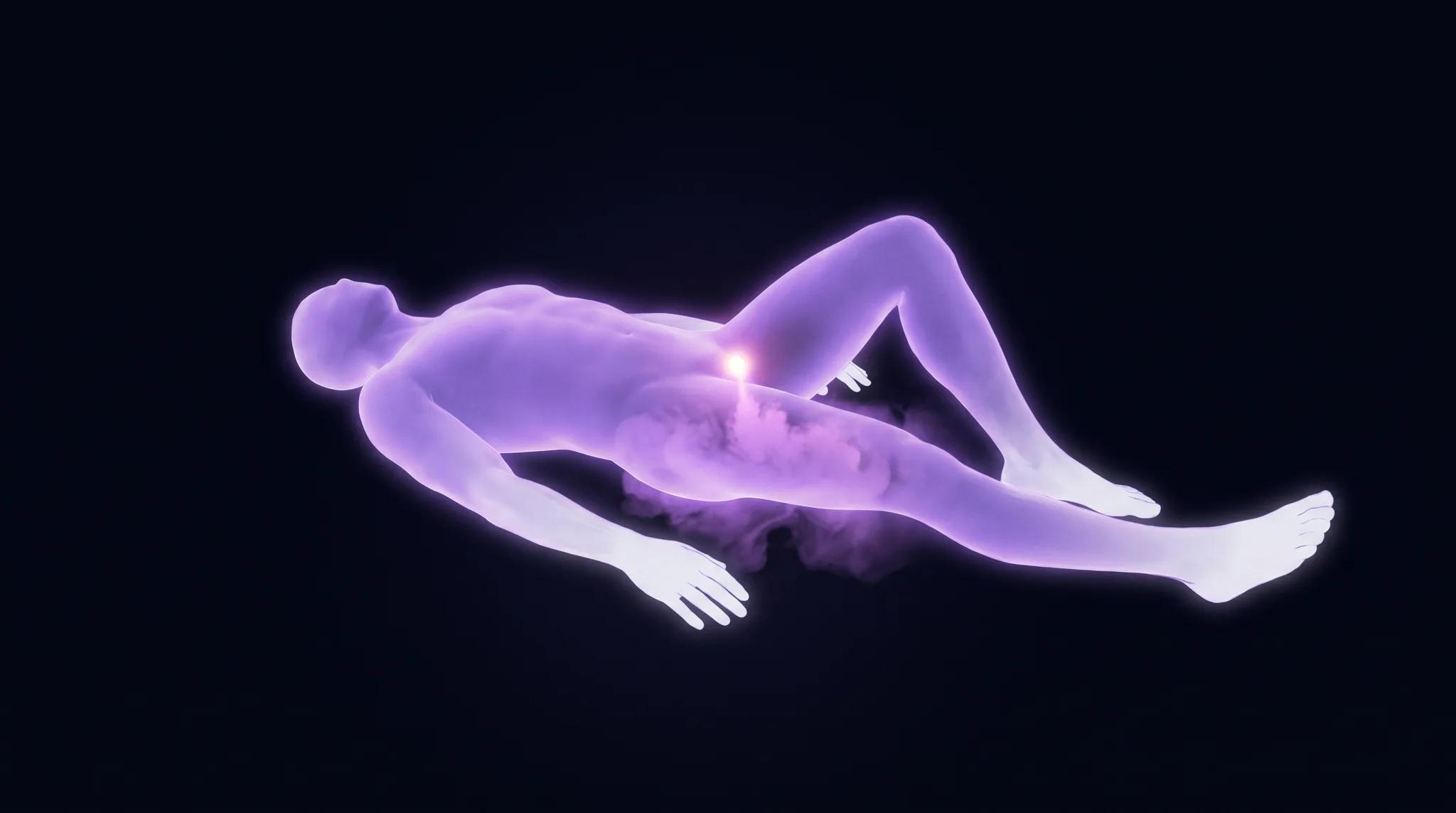 A still figure of violet light lying in the dark with one knee slightly bent, warm violet light spreading from a single bright point behind the pubic bone outward into the belly and thighs like ink dispersing in water.