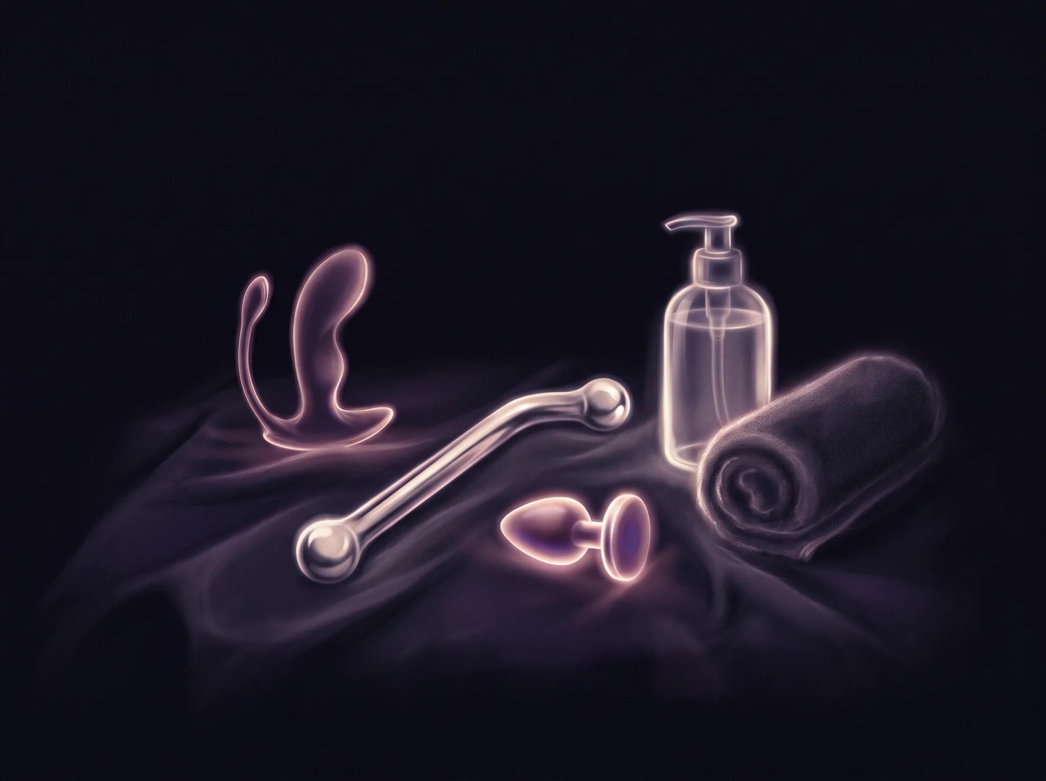 A still life on dark cloth: a small curved massager with a flared base, an angled steel wand with a bulb at each end, a small plug with a wide base, a pump bottle of lubricant, and a rolled towel.